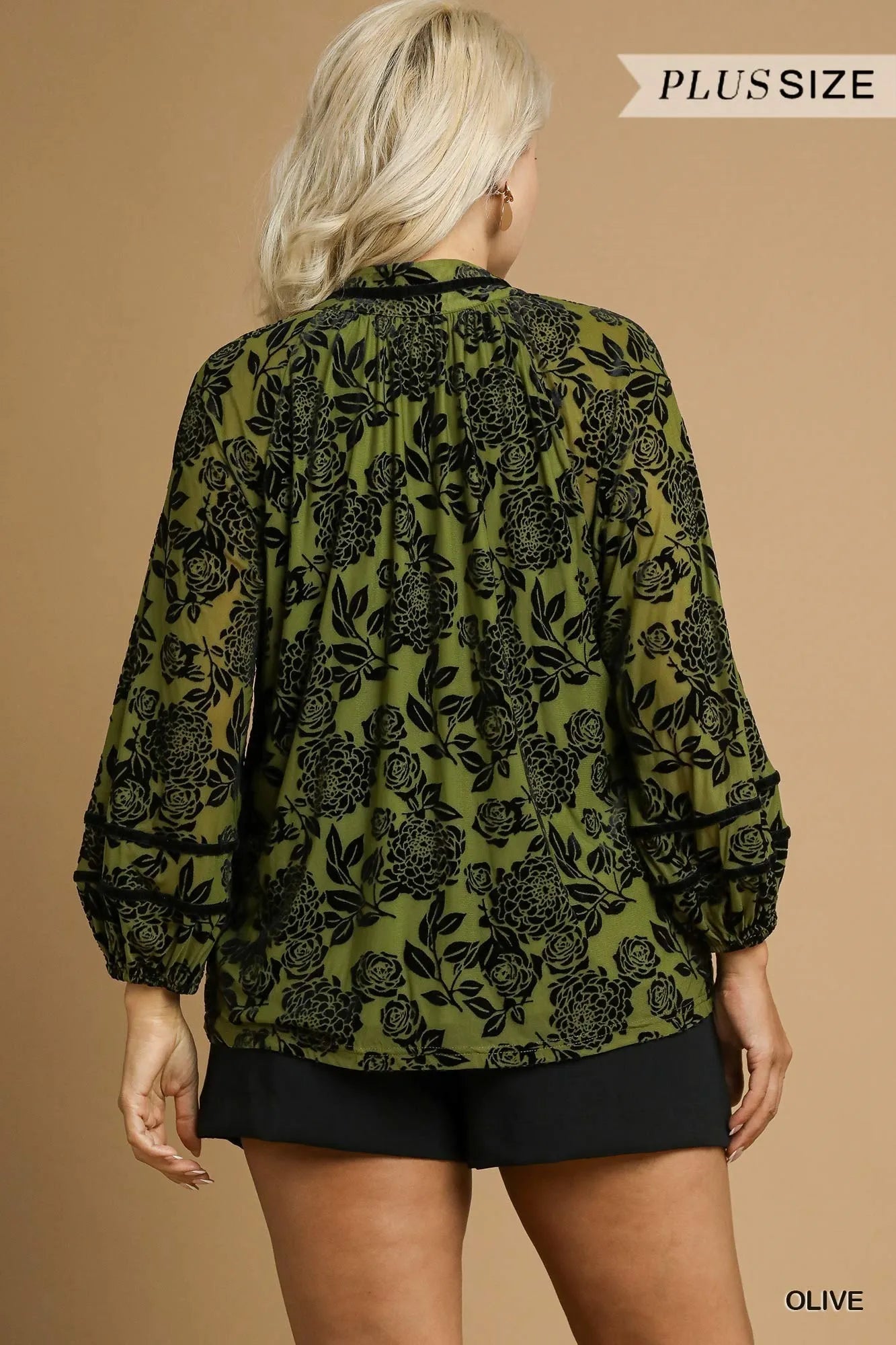 Umgee Velvet Blouse Olive Floral with Balloon Long Sleeves Top ba98ba97-ea88-46eb-b630-3912202572ca-Max-Origin Trendsi