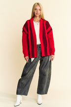 Davi & Dani Cable-Knit Cardigan Burgundy Stripe Women Loose Open Knitwear ba99ee46-ebab-4af6-8880-4ac875baea31-Max Trendsi