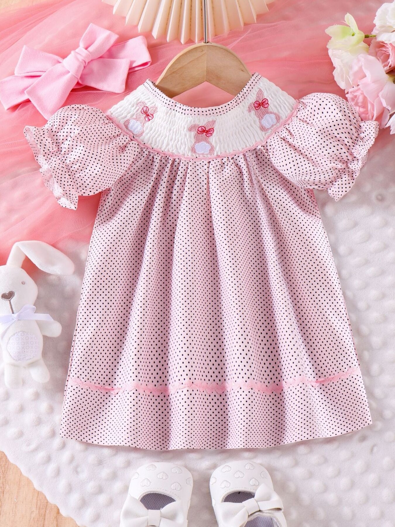 Children's Polka Dot Dress with Bunny Embroidery and Bow Accent