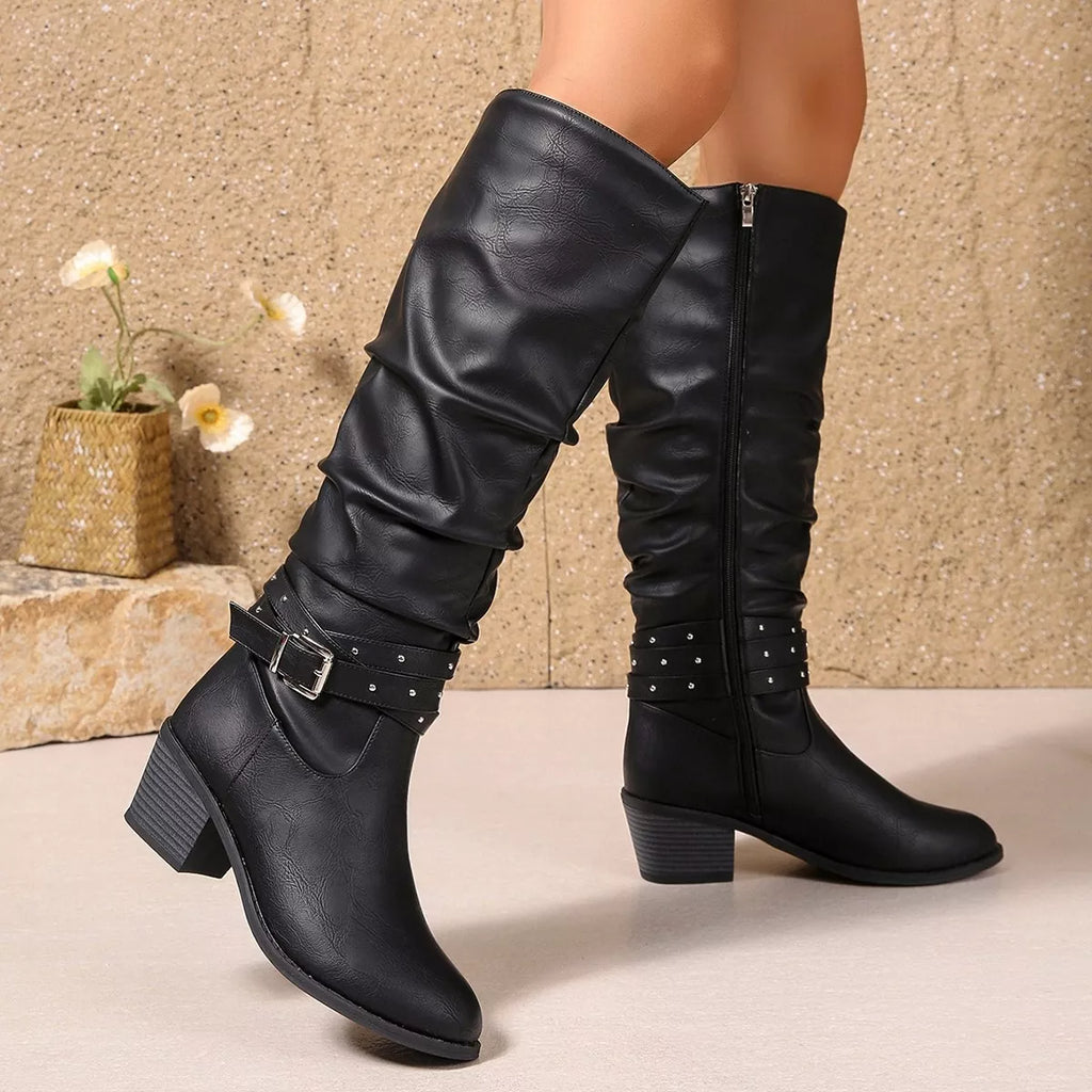 Women's Boots Pu Leather Round Toe Block Mid Heels Buckle Shoes Style C baaffed430014fafa6702d43249ec90a-Max-Origin Trendsi
