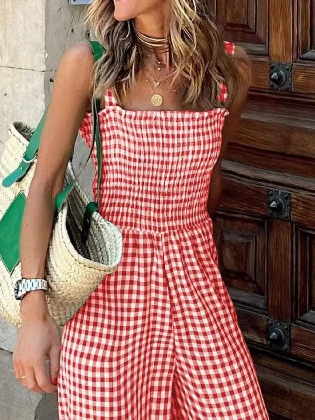 Women's Jumpsuit Gingham Plaid Smocked High Waist Wide-Leg Overall bab548cd-40f0-4b6c-a33d-7fd3fc285d95-Max-Origin Trendsi