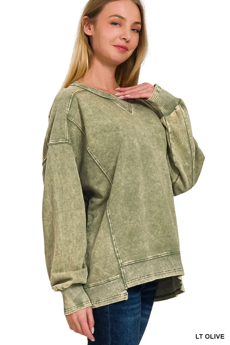 Zenana Women Sweatshirt Light Olive French Terry Acid Wash Pullover Top babc0d8fdfb14ad4a4976159dbc50e5c-Max-Origin Trendsi