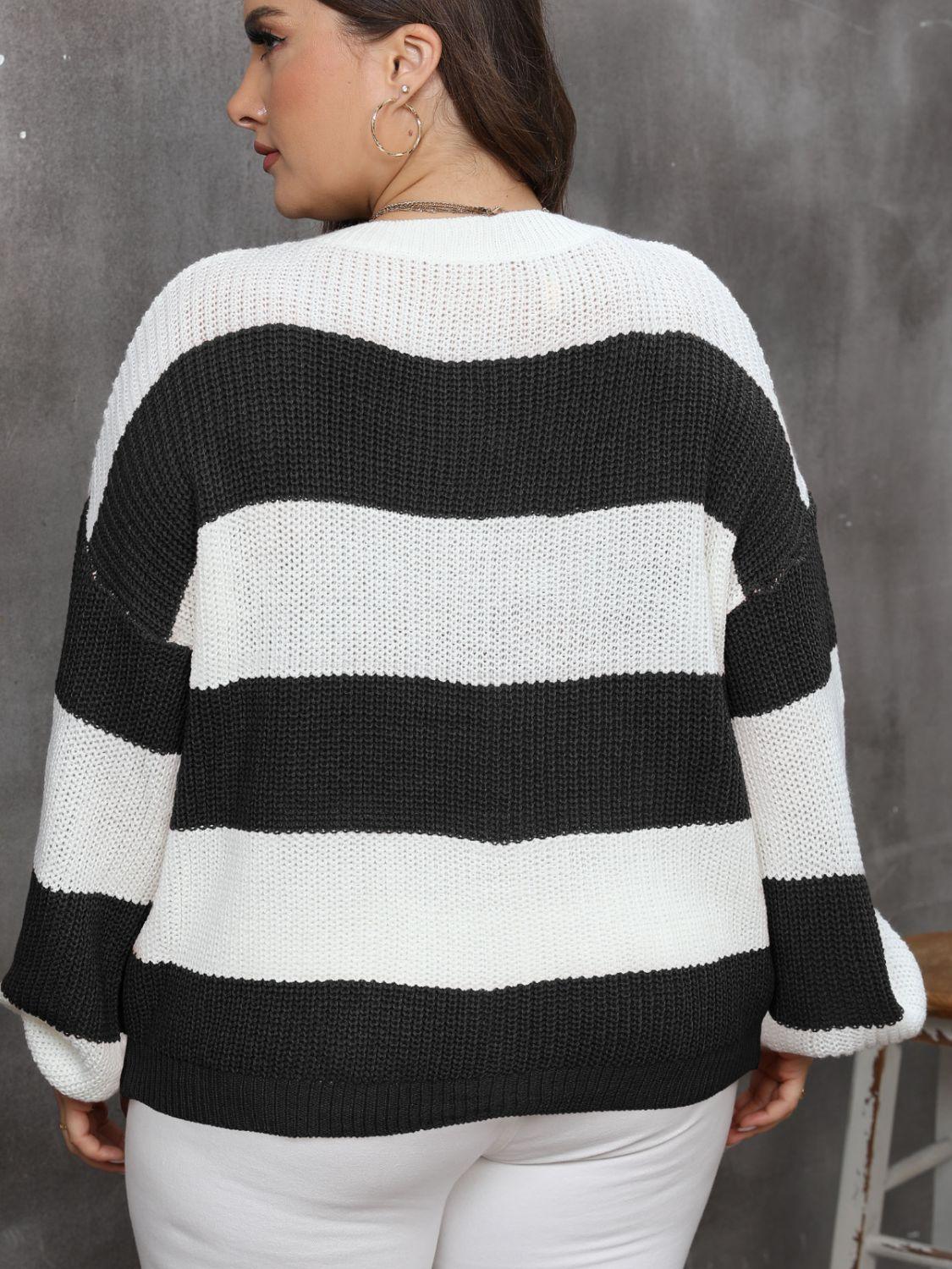 Plus Size Striped Sweater Round Neck Long Sleeve Knitwear babc29f6-a450-44bd-a563-a5e011fcdcbb-Max Trendsi