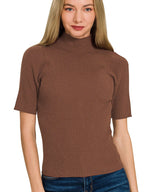 Zenana Ribbed Viscose Mock Neck Short Sleeve Sweater