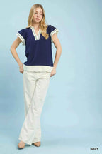 Umgee Blouse Navy Contrast Scallop Trim Top Short Sleeve badfaa85-5408-409d-9d34-dad8a9a4a98a-Max-Origin Trendsi