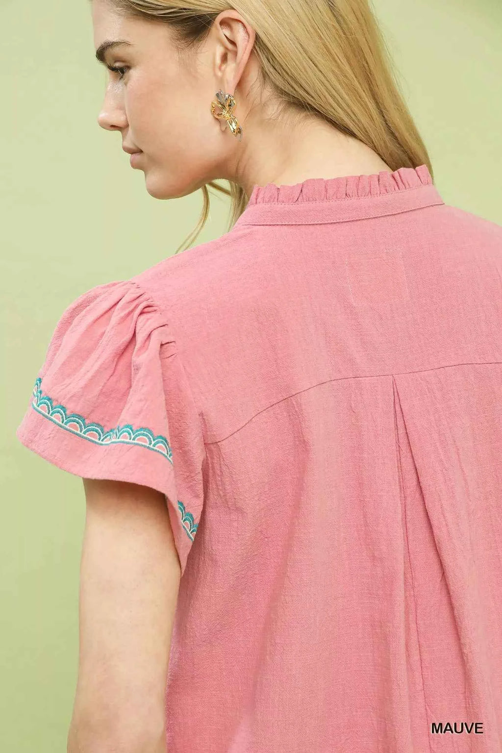Umgee Embroidered Flutter Sleeve Blouse