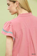 Umgee Embroidered Flutter Sleeve Blouse