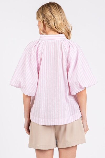 Mittoshop Shirt Striped Pink Puff Short Sleeve Button Down Top with Pocket baecb395-0073-406c-b6fd-be44211d1c4d-Min Trendsi