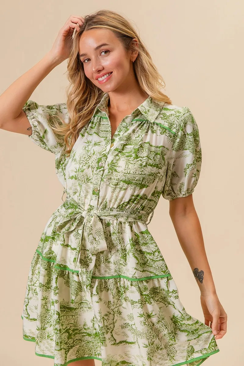 BiBi Mini Shirt Dress Floral Green Printed Tiered Belted Short Sleeve baef907f67614b86a83fc5b12f5b0d97-Max-Origin Trendsi
