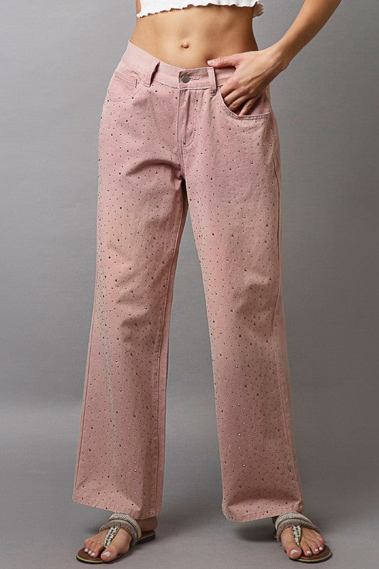 POL Wide Leg Pants Dusty Pink Rhinestone Embellishments Gradient 100% Cotton