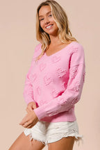 BiBi Women's Knit Top Pink Valentines Heart Pompom V Neck bafb14eda2d14d848269664937276c9a-Max-Origin Trendsi