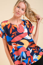 Umgee Top Colorful Dark Navy Abstract Print Short Sleeved Ruched Blouse bafca9da-5b84-4783-8f06-50818c341c5e-Max Trendsi