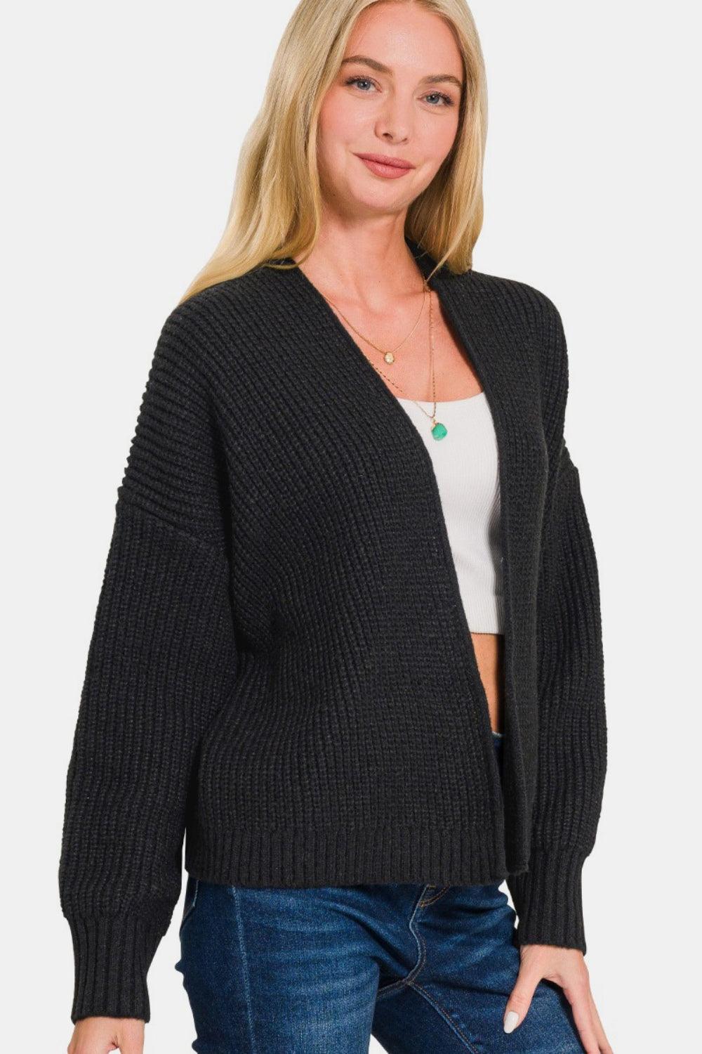 Zenana Black Cardigan Open Front Drop Shoulder Sweater Long Sleeve Black bafcaf7e-866a-47fa-8861-5f97e162d526-Max Trendsi
