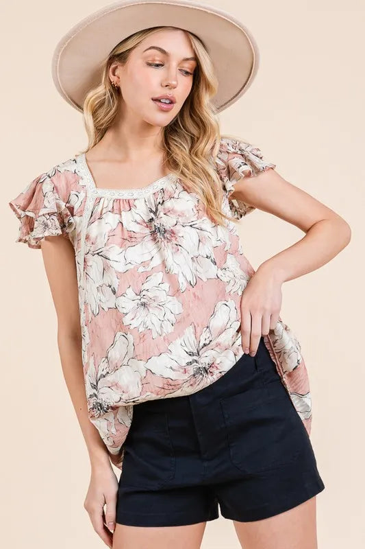 Lime 'N' Chili Blouse Pink Floral Print Lace Trim Puff Short Sleeve bafdead544324941b405abadd3f7ea63-Max-Origin Trendsi