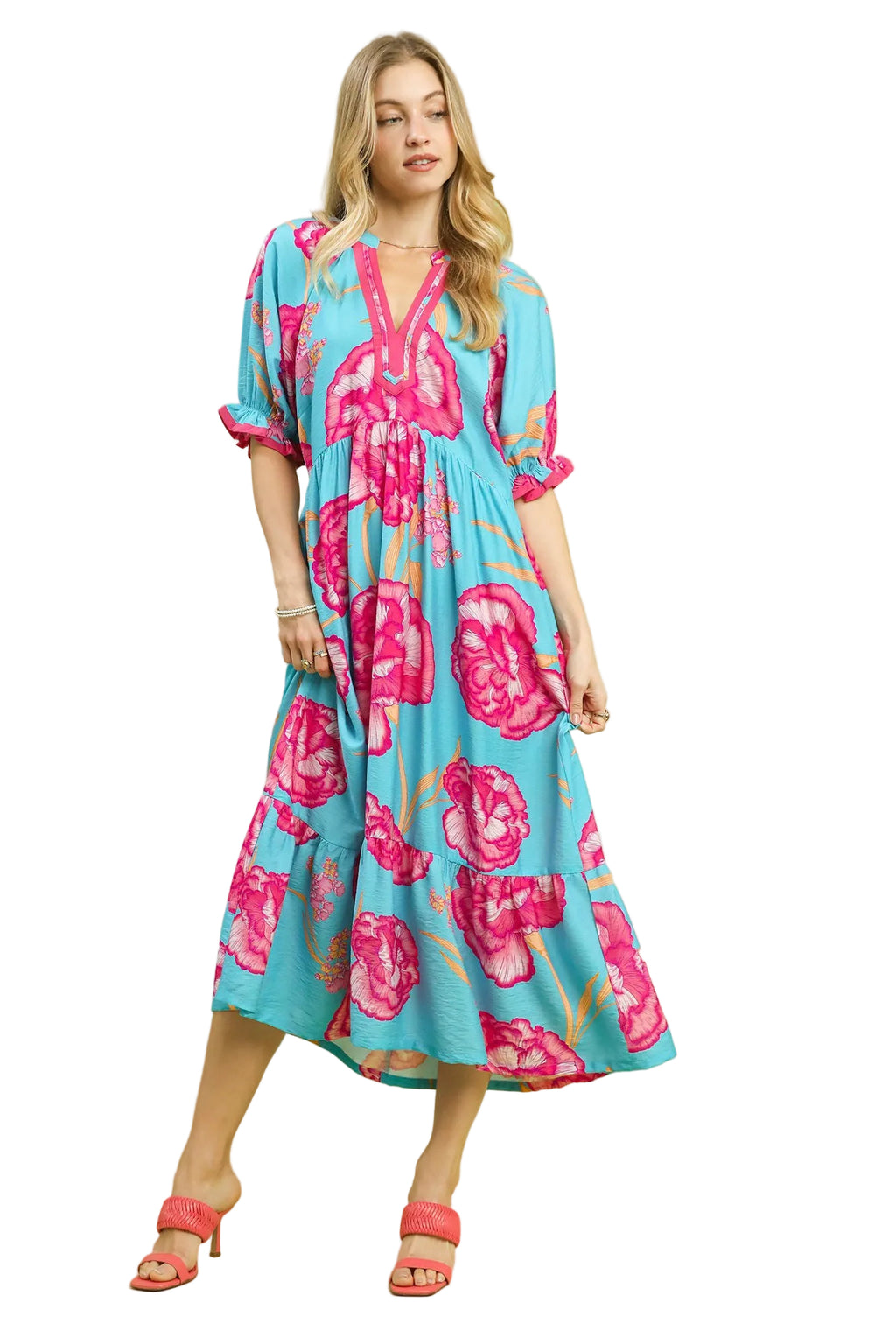 Umgee Floral Print Midi Dress with Contrasting Trim