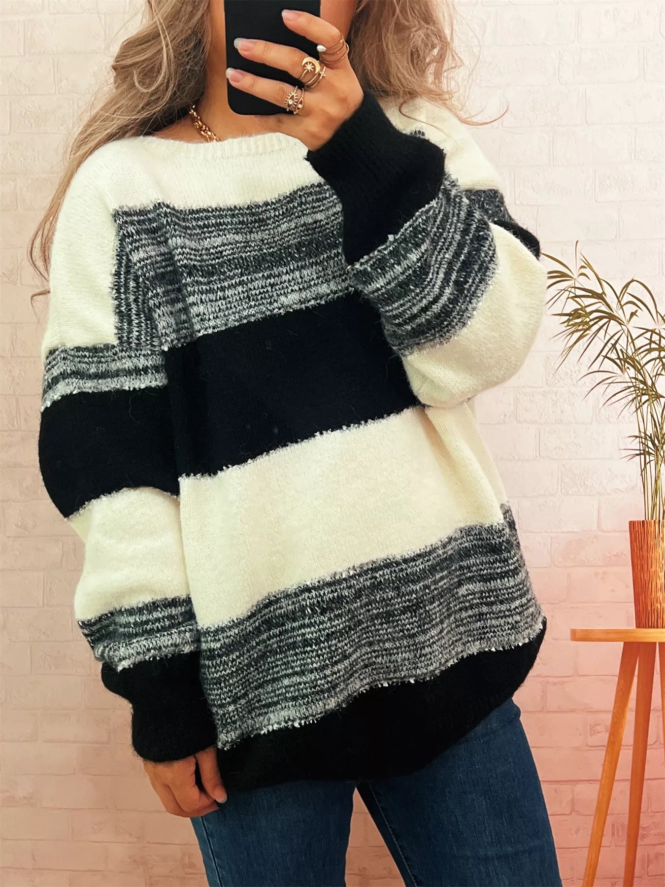 Women's Sweater Color Block Stripe Dropped Shoulder Knit Pullover bb0c88a222ea4c74b64bef790e8d91f2-Max-Origin Trendsi
