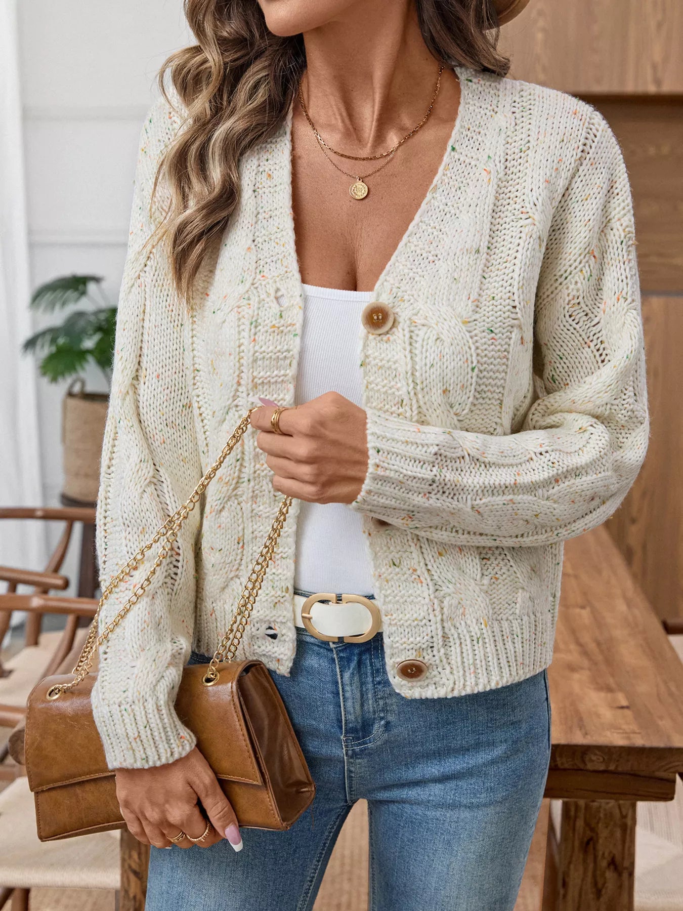 Women's Cardigan Cable Knit Button-Up Long Sleeve Beige bb0f1b11300448d99833b5201ef9d50b-Max-Origin Trendsi