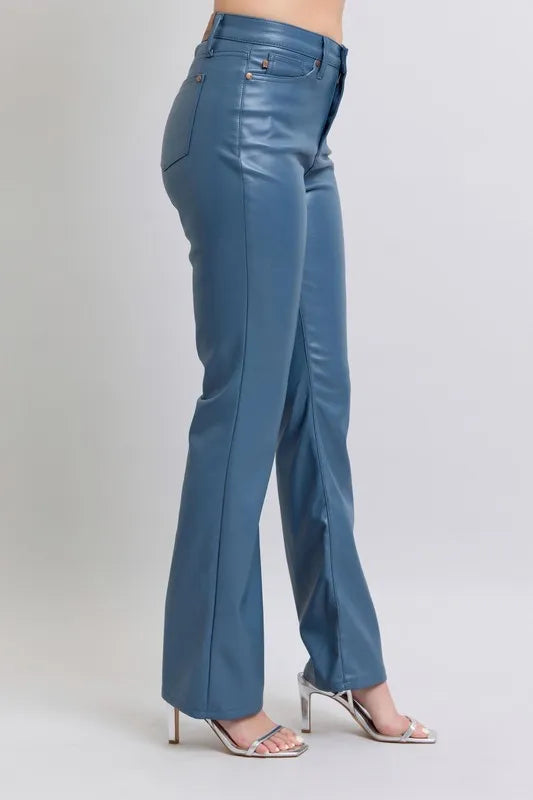 Judy Blue Faux Leather Blue Bootcut Pants High Waist Tummy Control bb126a8815494ba087449b4325155f74-Max-Origin Trendsi