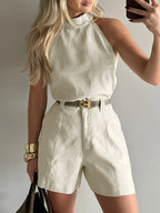 Women's Outfit Set Linen Cotton Sleeveless Tank Top and Shorts Set Kahki bb1841e7-8b45-41c3-9831-f4f8d755e2f8-Max-Origin Trendsi