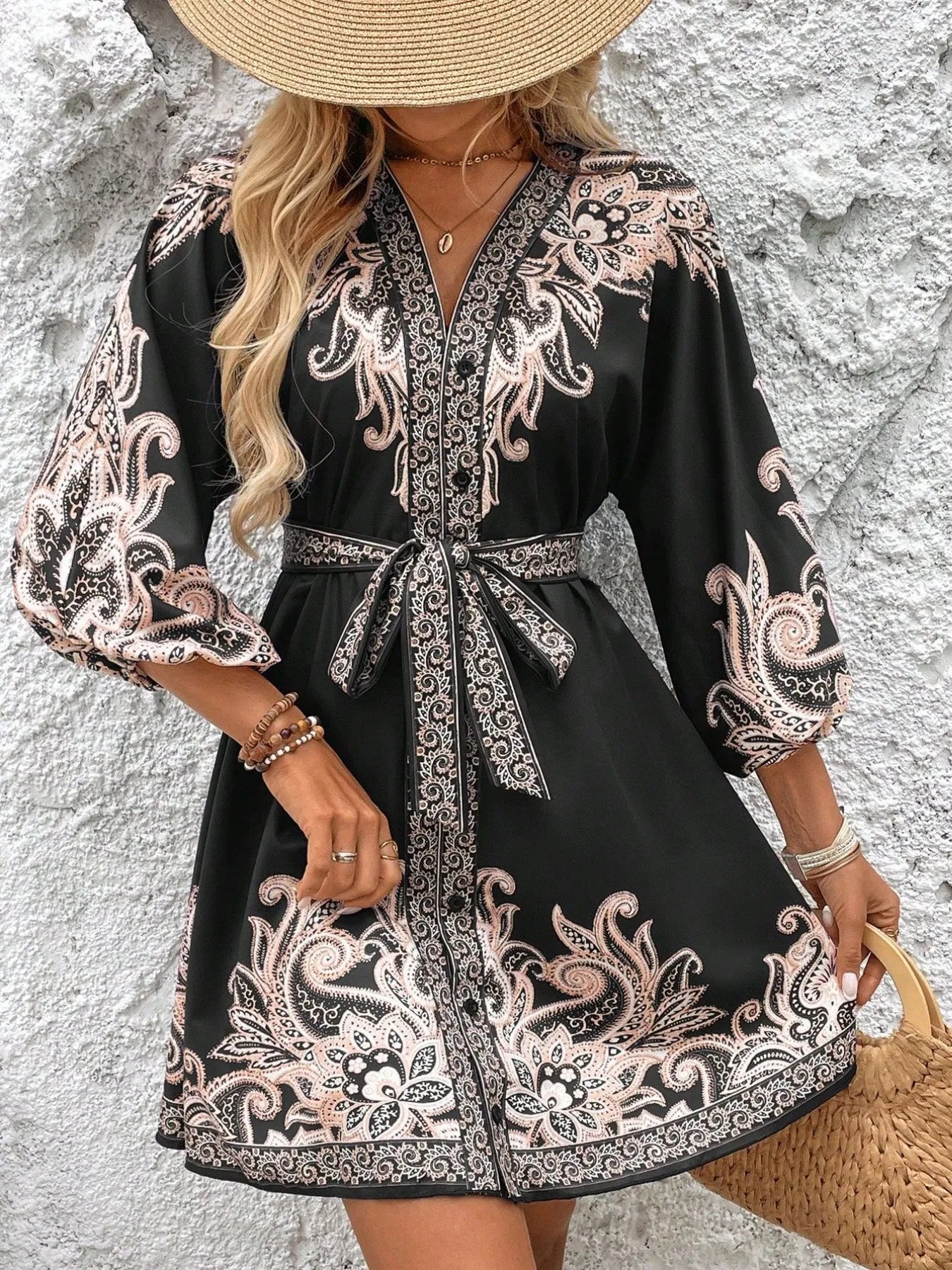 Mini Kimono Dress Paisley Printed V-Neck Balloon 3/4 Sleeve S-2XL bb1f63b0-5754-43a2-8d6b-7762d33841fb-Max-Origin Trendsi