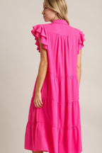 Umgee Ruffle Midi Dress Hot Pink Short Cap Sleeve Johnny Collar bb205349-ee71-42fd-8f79-ab3a073c099b-Max Trendsi