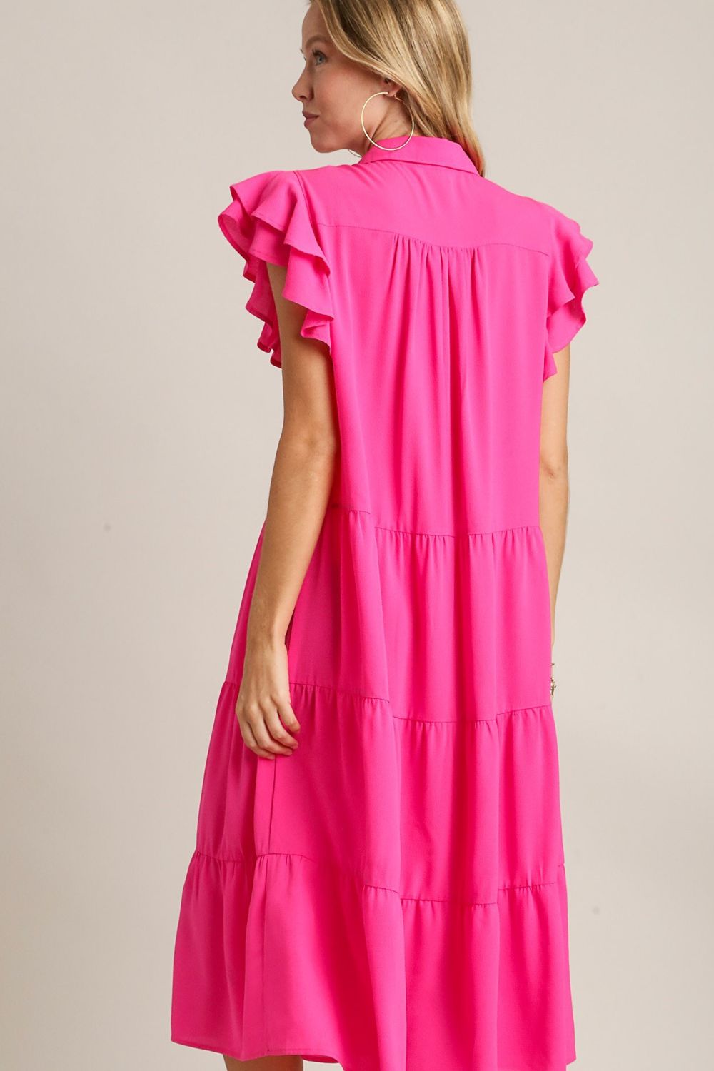 Umgee Ruffle Midi Dress Hot Pink Short Cap Sleeve Johnny Collar bb205349-ee71-42fd-8f79-ab3a073c099b-Max Trendsi