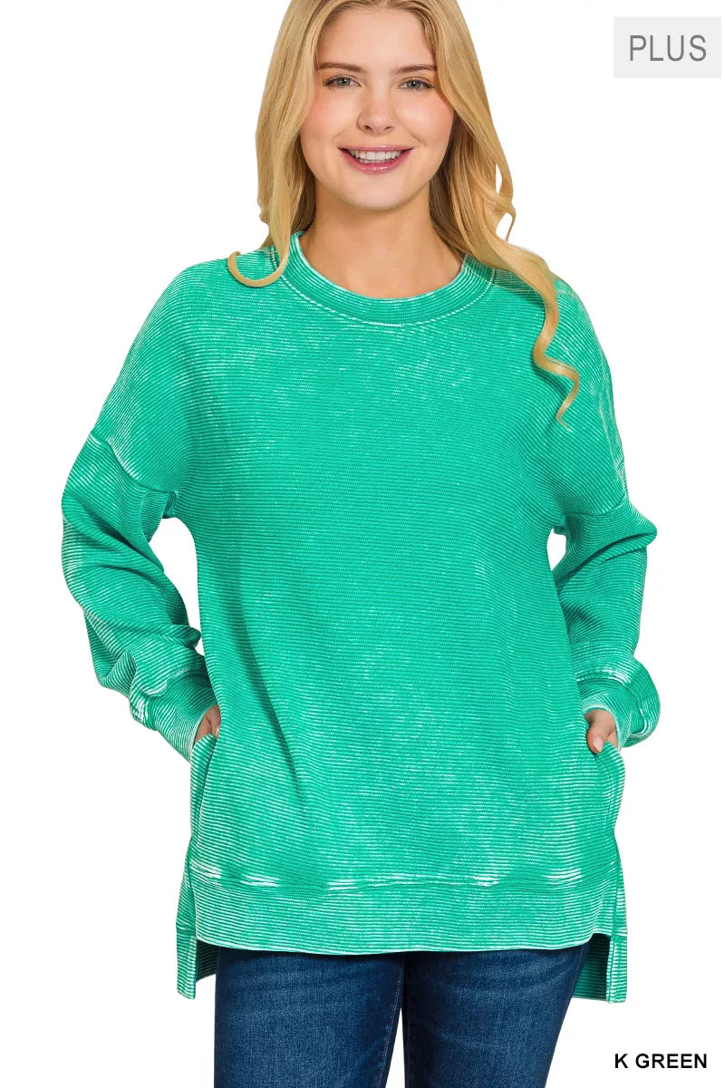 Zenana Sweatshirt Green Acid Washed Double Ribbed Hi-low Plus Sizes Top bb3885ae-c686-49bf-a6f8-2923d769975f-Max-Origin Trendsi