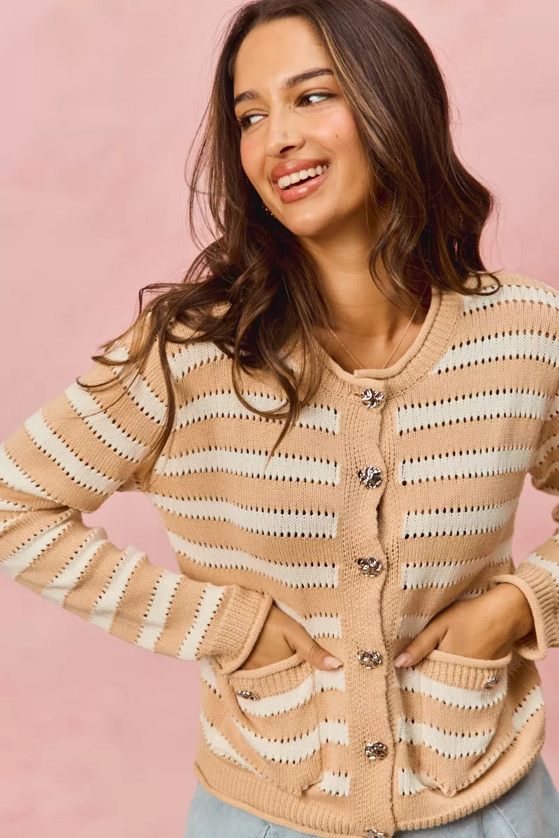 SO ME Women Sweater Cardigan Stripe White Beige Long Sleeves Buttoned bb3d44beeef449c8b871b0d72e53bb2d-Max-Origin Trendsi