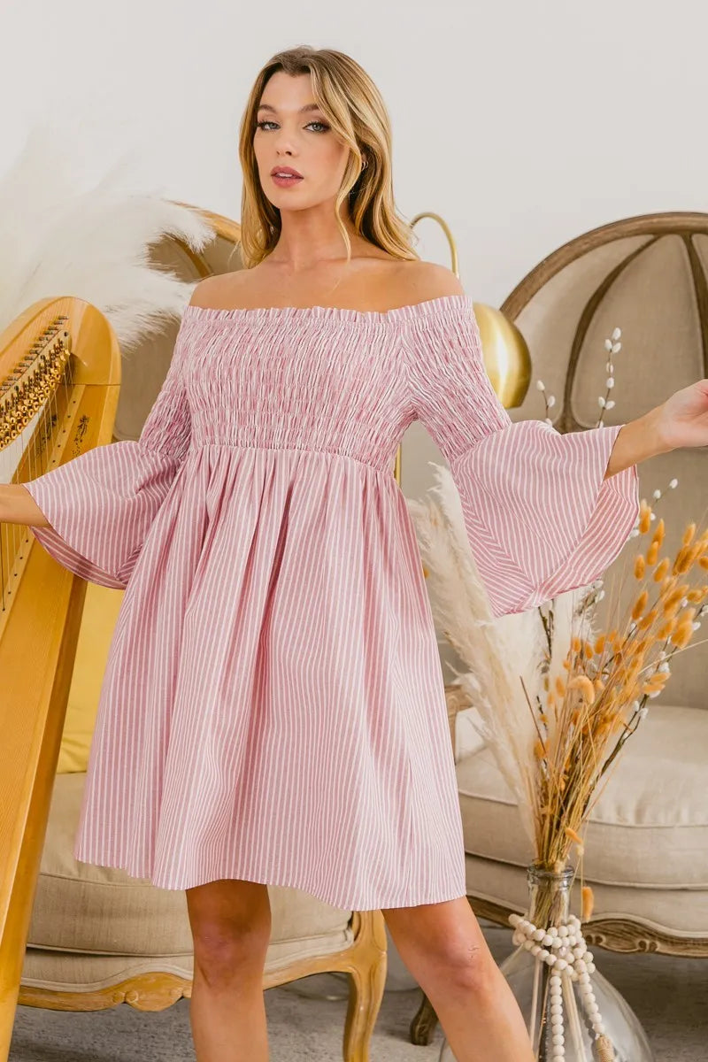BiBi Striped Dress Blush Pink Smocked Off Shoulder Ruffled BLUSH bb3e1fc665e74be28c08cd5318b7c771-Max-Origin Trendsi