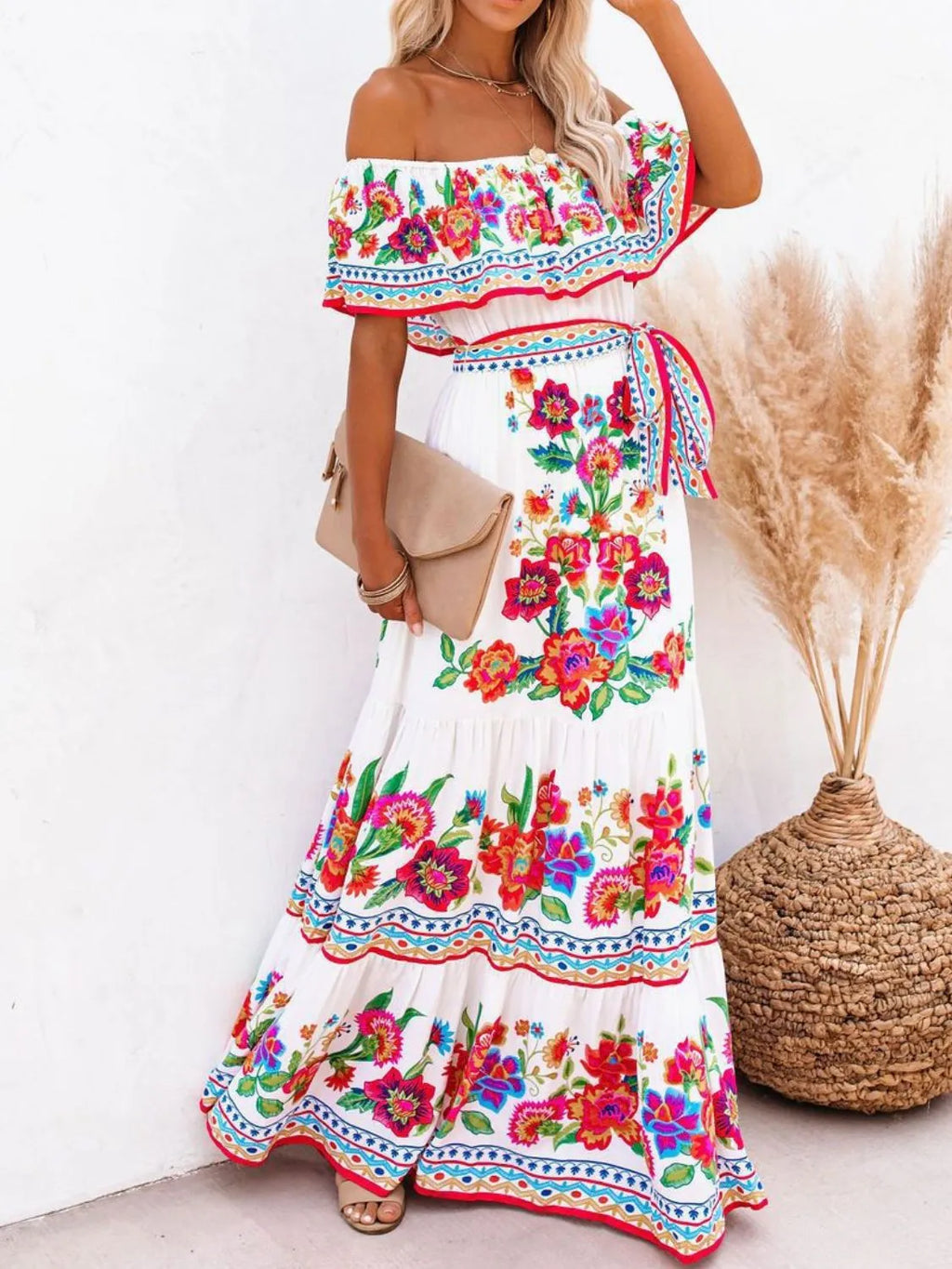 Floral Maxi Dress Off Shoulder Ruffle Belted High Waisted Ruched bb44273c-5d44-40bf-8615-896932b66252-Max-Origin Trendsi