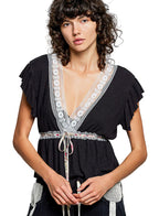 POL Blouse Women's Black Tied Ruffled V-Neck Short Sleeve with Lace Detail