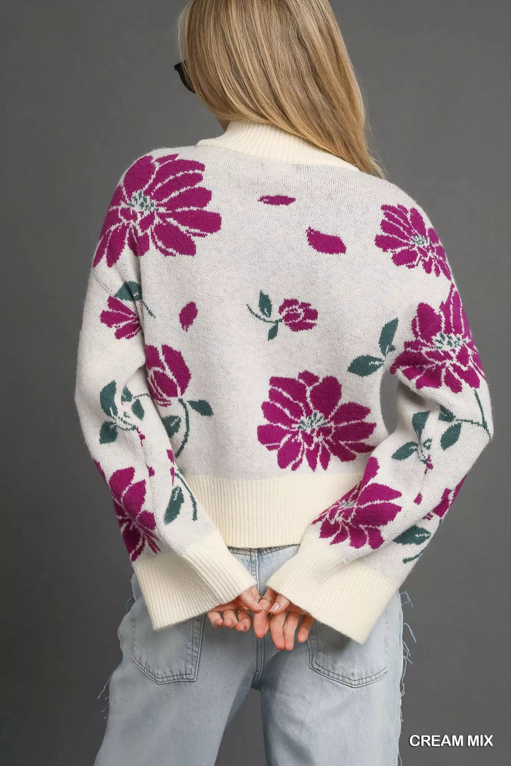 Umgee Sweater Womens Floral Cream Fucshia Patterned Mock Neck Pullover bb6218dc-c78e-42f9-aca1-10d81d1aeabd-Max-Origin Trendsi