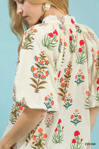 Umgee Womens Blouse Cream Floral Print Puff Short Sleeve Scallop Hem Top bb6c714b-ffc5-412d-ae07-b3dfd7584e43-Max-Origin Trendsi