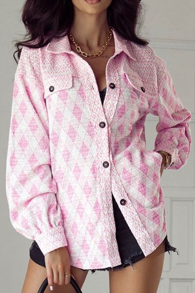 Women's Shacket Pink Geometric Print Textured Flap Pockets Long Sleeve Outwear bb715398-1fa9-4c74-ab95-5cf1310aab22-Min Trendsi