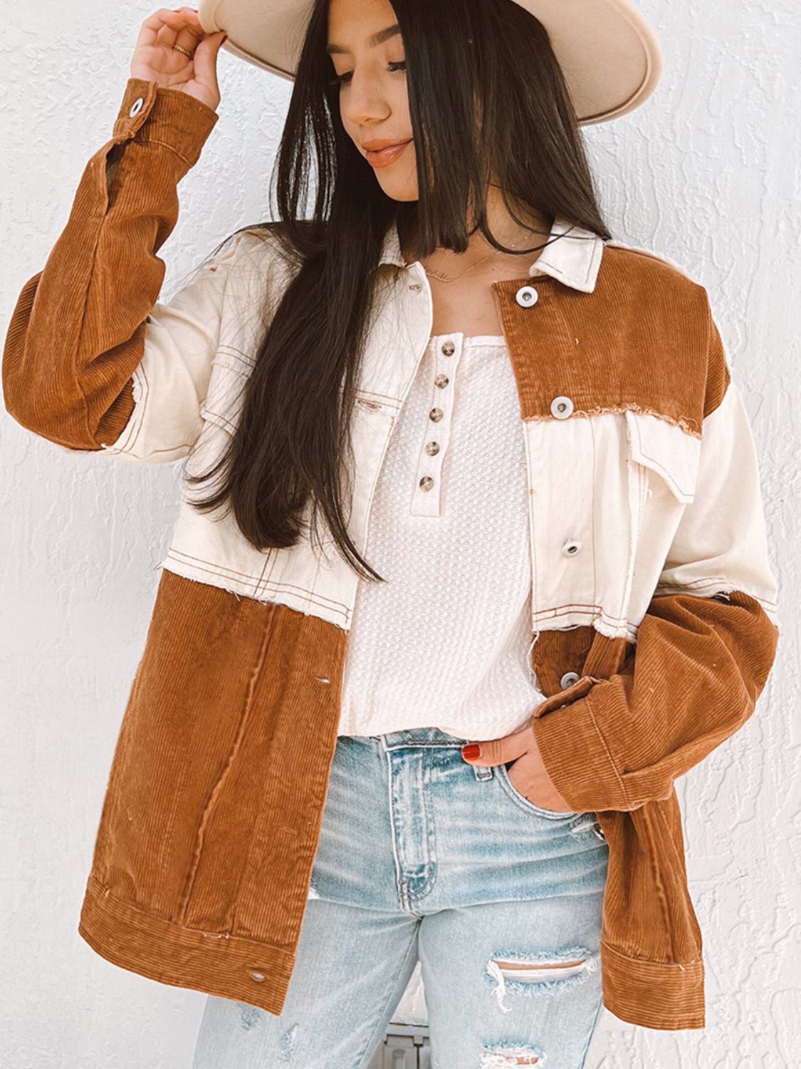 Women Jacket Corduroy Denim Patch Raw Hem Color Block Button Up Outwear