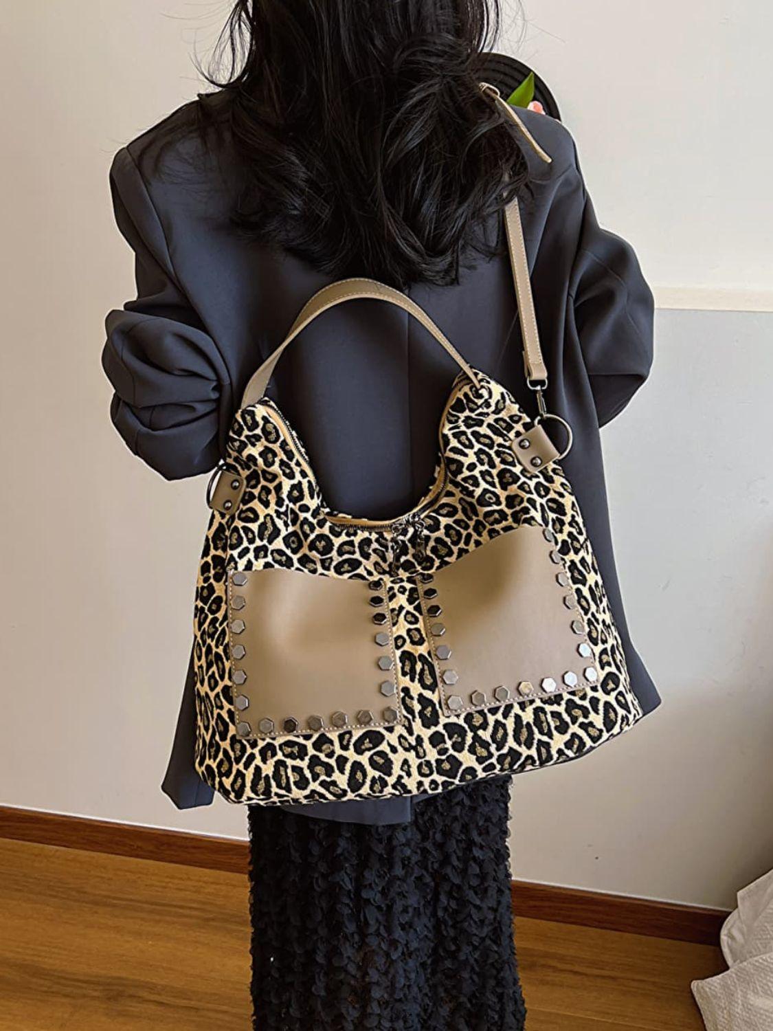 Leopard Polyester Large Shoulder Bag with Stud Beaded Leather Pockets