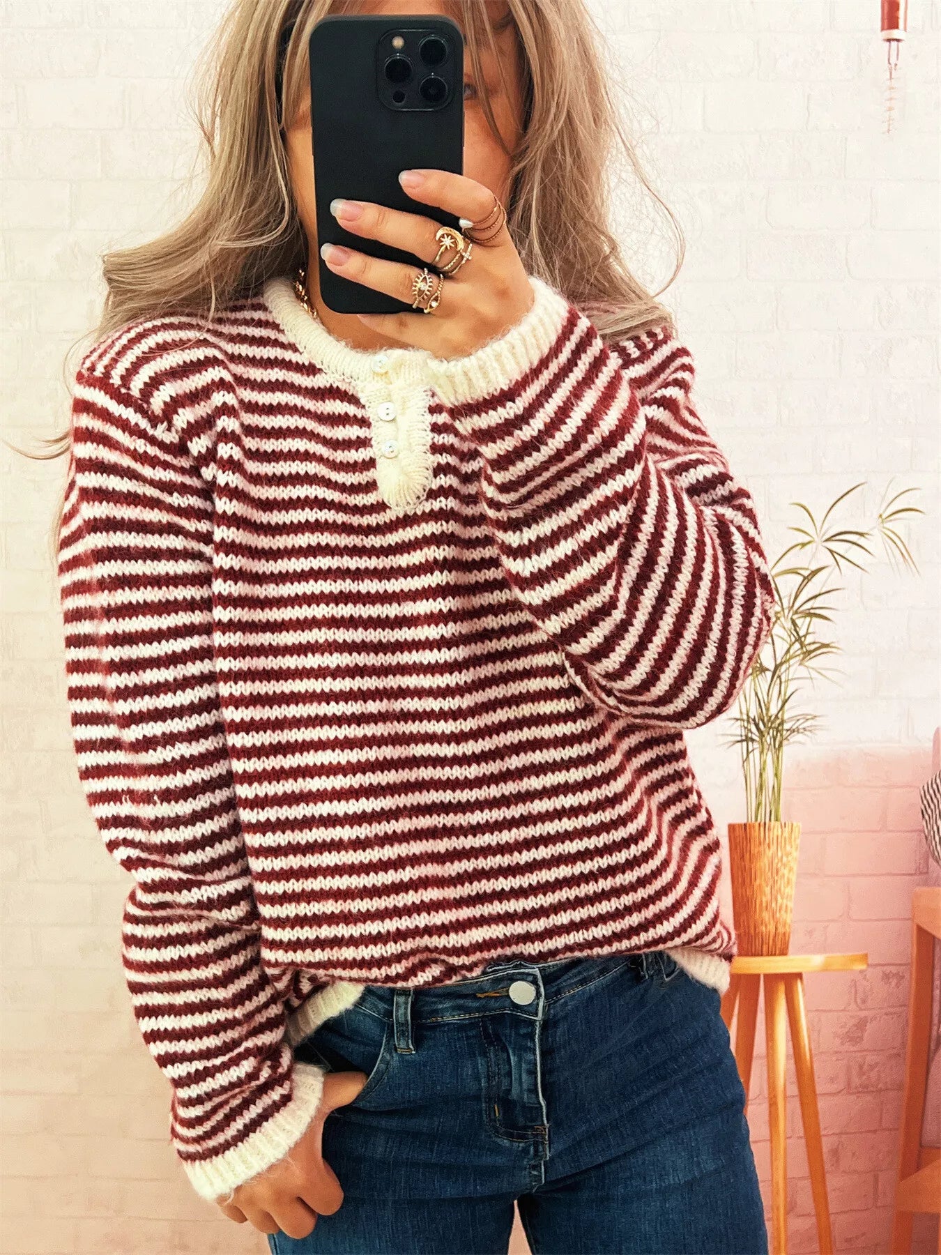 Women's Sweater Striped Button Detail Long Sleeve Pullover bb8c7dbe664e46cfa5e84c611d6d55e6-Max-Origin Trendsi