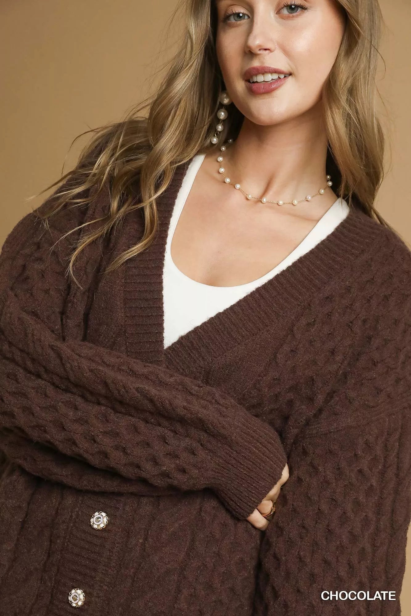 Umgee Womens Cardigan Brown Cable Knit Pearl Button Sweater bb8cef0b-6314-46fc-9608-0ddfeeb51cdb-Max-Origin Trendsi