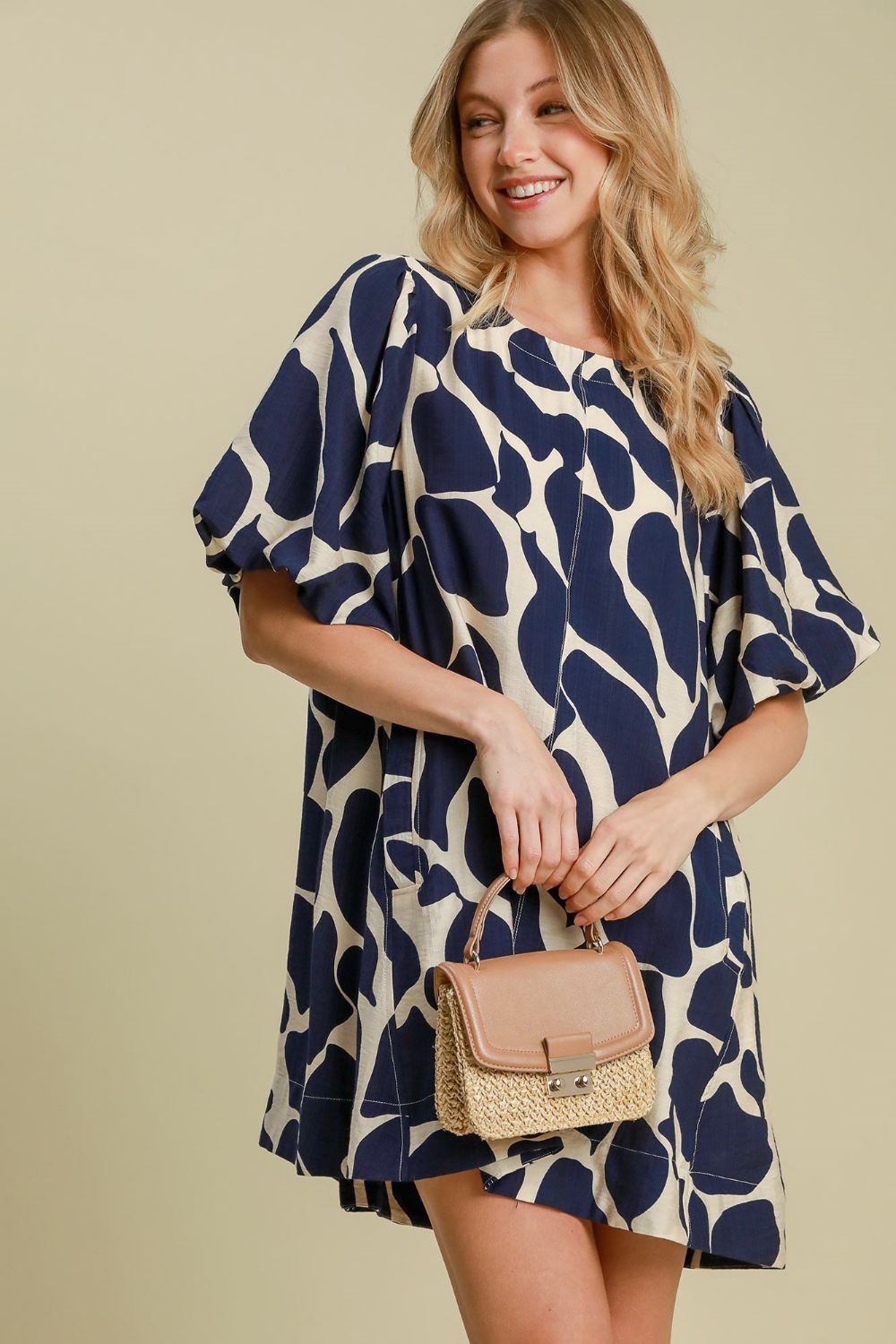 Umgee USA Mini Dress Navy Two Tone Abstract Print Puff Sleeve Short Dress