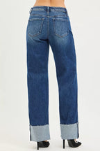 RISEN Womens Wide Straight Jeans Mid Rise With Wide Cuff Dark Wash bb9329221f6d4929b4cd42eb70e4c1f1-Max-Origin Trendsi