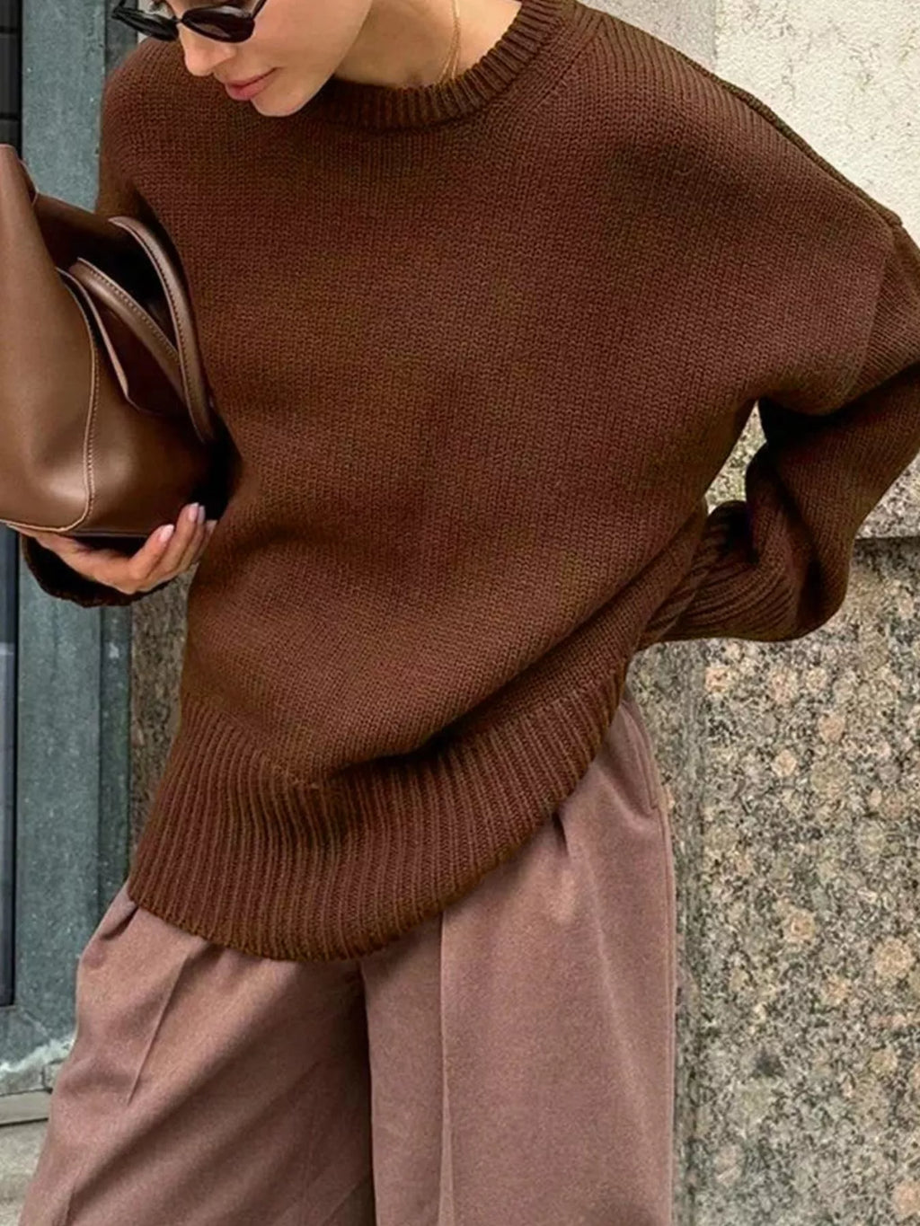 Women's Oversized Sweater Brown Round Neck Ribbed Hem Pullover bb9570a1-07c8-4413-bce8-ee6830156f79-Max-Origin Trendsi