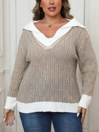Plus Size Sweater with Contrast Trim and Collared Neck