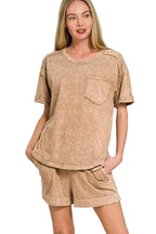 Zenana Halo Snow Washed Raw Edge Seam Top and Shorts Set