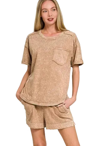 Zenana Halo Snow Washed Raw Edge Seam Top and Shorts Set