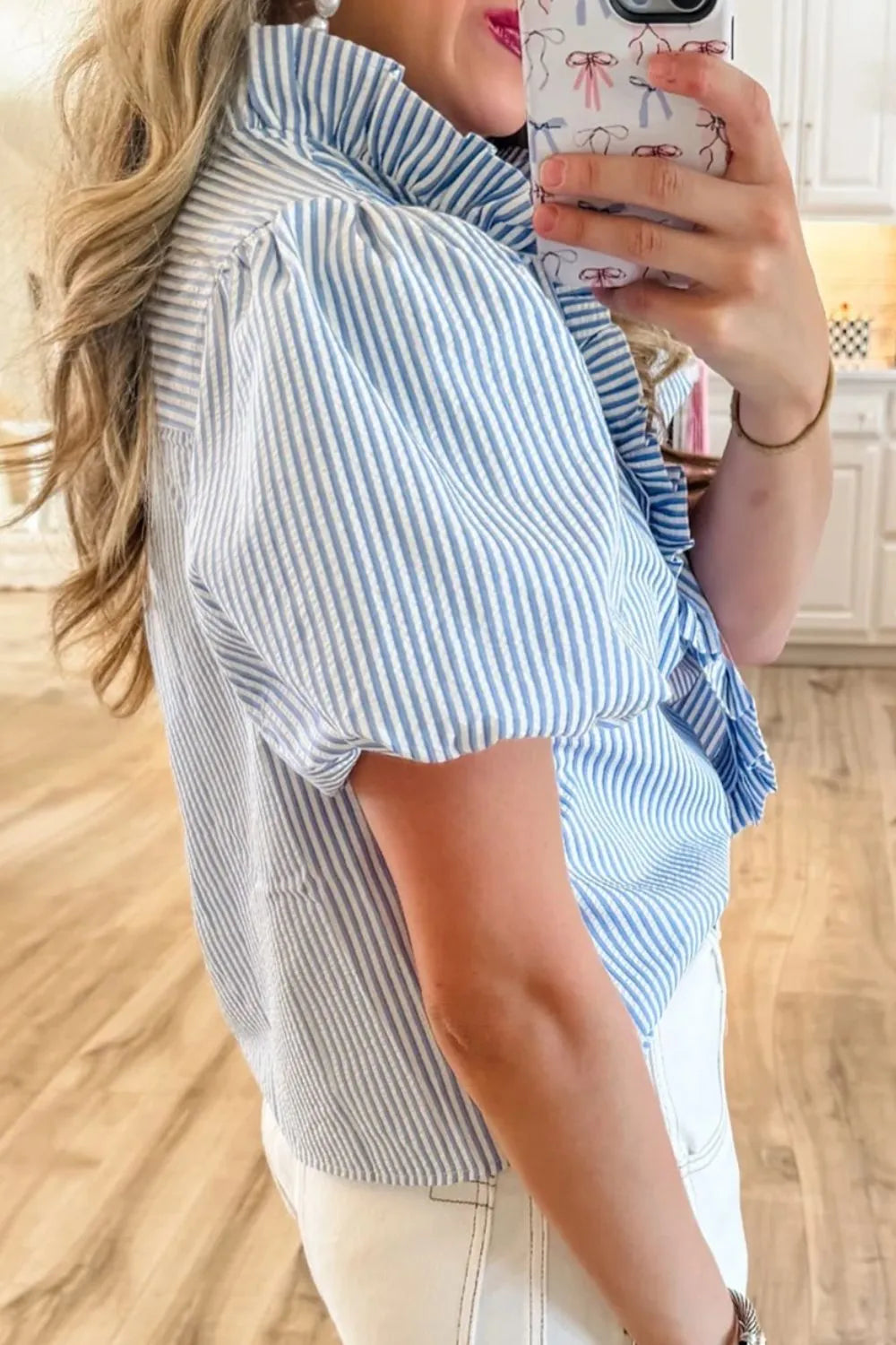 Women's Shirt Striped Ruffle Short Bubble Sleeve Mock Neck bba936ac-56fd-4c33-b0f6-10a05ff4be5f-Max-Origin Trendsi