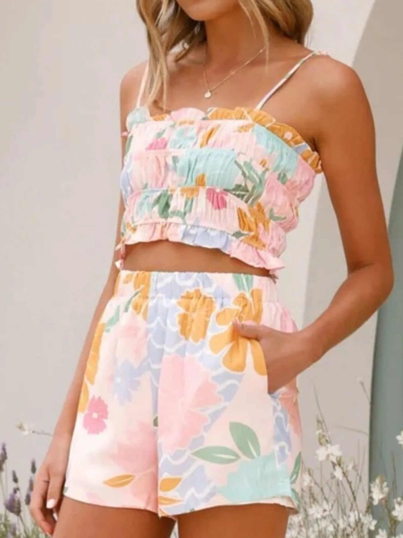 Women's Outfit Set Floral Crop Top Colorful Printed Ruffle Cami and Shorts bbac6725-55f6-4a10-a53c-d33c50aa832a-Max-Origin Trendsi