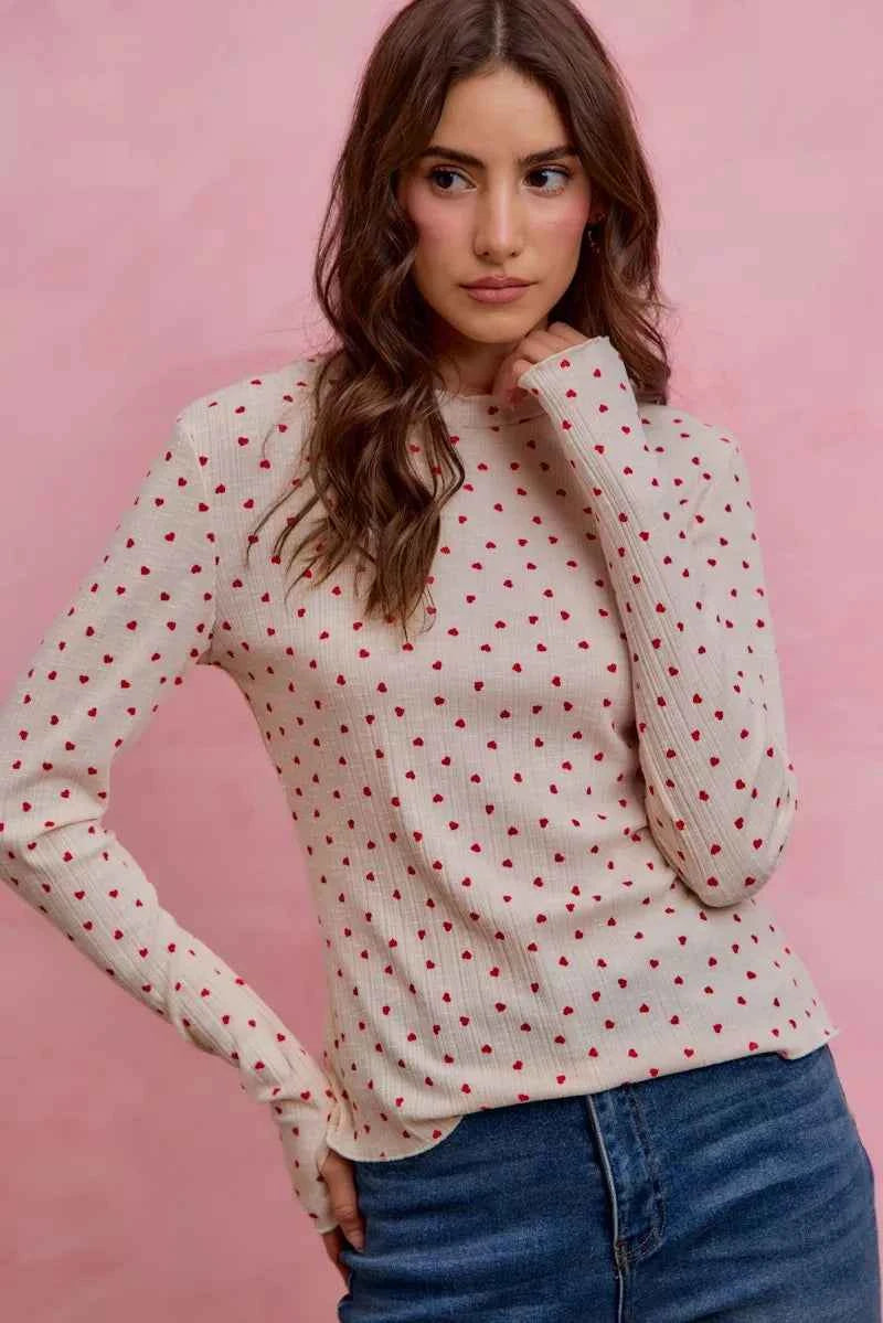 SO ME Women Blouse Valentine Ditsy Heart All Over Slub Rib Knit Top bbad87c0303c4a53bfade257fa845c08-Max-Origin Trendsi
