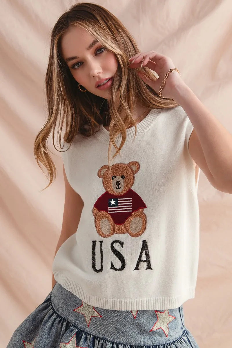 SO ME Sweater Vest Teddy Bear Wearing An American Flag With Usa Embroidered bbb125bd3ab8488ea6d1aad0c93acb42-Max-Origin Trendsi