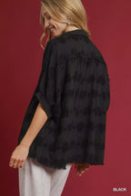 Umgee Women's Shirt Black Jacquard Heart Collared Short Sleeve Top bbbb54f5-5212-48ef-b162-c9bb9c71e7cc-Max-Origin Trendsi
