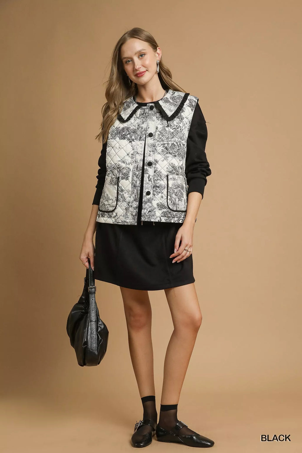 Umgee Womens Quilted Vest Black Toile with Ruffle Collar Outwear bbc3ea70-44d5-40ff-8889-c0800ca6fad0-Max-Origin Trendsi